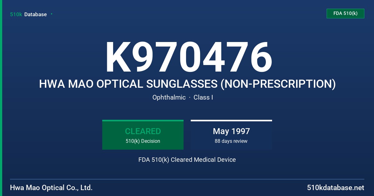 K970476 HWA MAO OPTICAL SUNGLASSES (NON-PRESCRIPTION) FDA 510(k) Cleared Medical Device