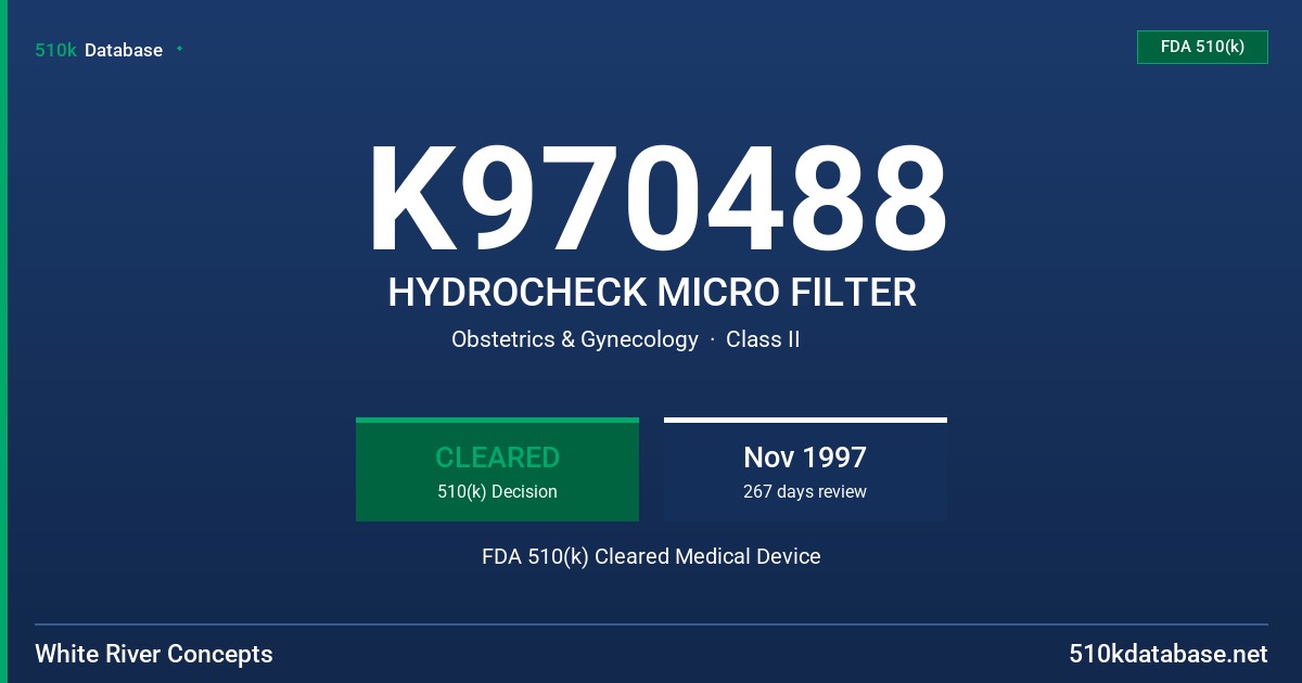 K970488 HYDROCHECK MICRO FILTER FDA 510(k) Cleared Medical Device