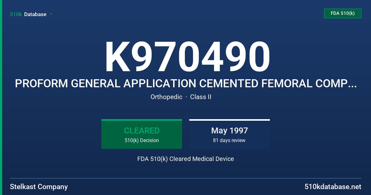 K970490 PROFORM GENERAL APPLICATION CEMENTED FEMORAL COMPONENT FDA 510(k) Cleared Medical Device