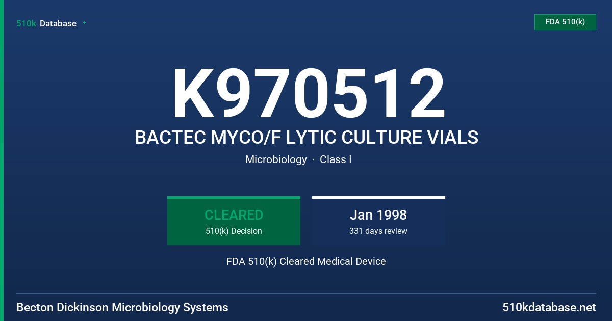 K970512 BACTEC MYCO/F LYTIC CULTURE VIALS FDA 510(k) Cleared Medical Device