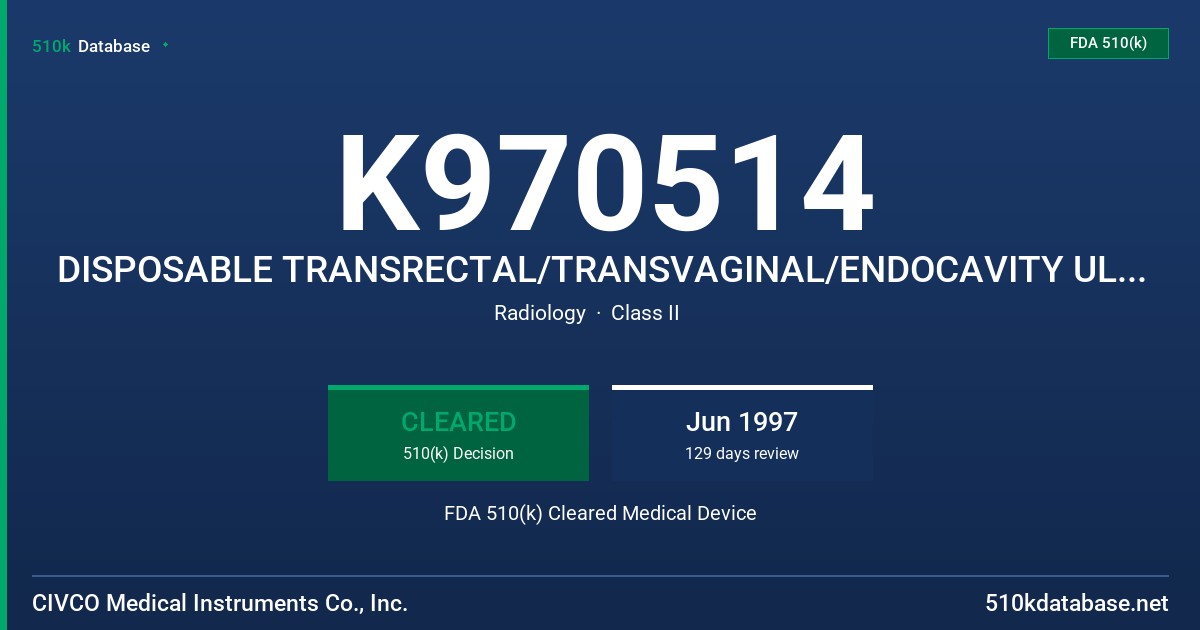 K970514 DISPOSABLE TRANSRECTAL/TRANSVAGINAL/ENDOCAVITY ULTRASOUND NEEDLE INSTRUMENT GUIDE FDA 510(k) Cleared Medical Device