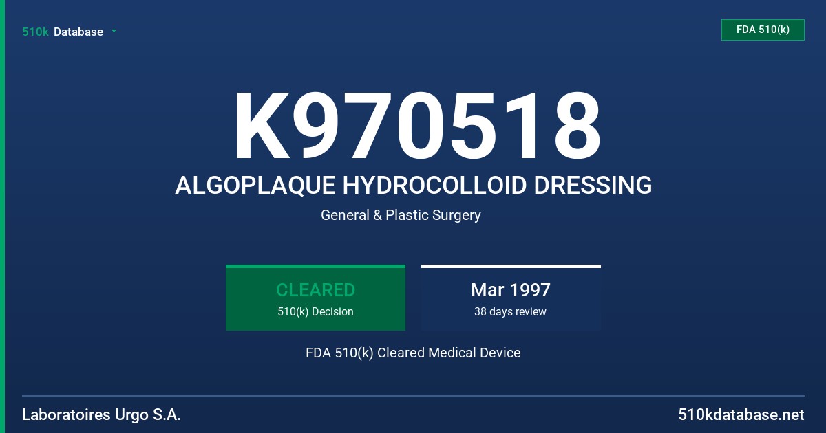 K970518 ALGOPLAQUE HYDROCOLLOID DRESSING FDA 510(k) Cleared Medical Device