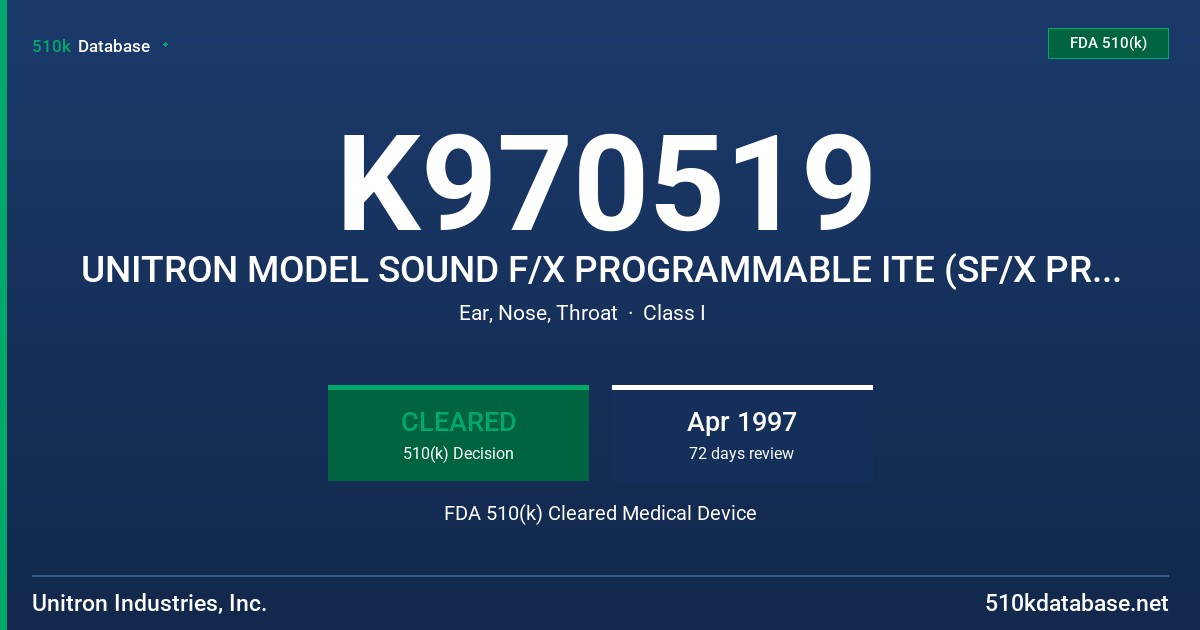 K970519 UNITRON MODEL SOUND F/X PROGRAMMABLE ITE (SF/X PROGRAMMABLE) FDA 510(k) Cleared Medical Device
