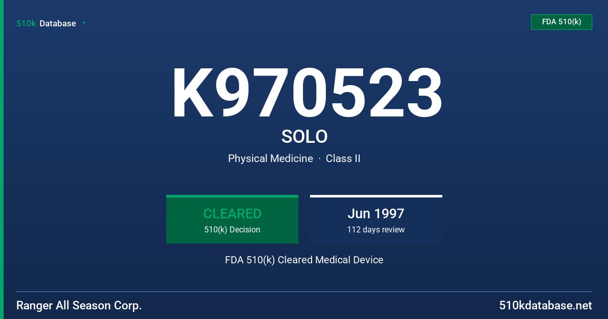 K970523 SOLO FDA 510(k) Cleared Medical Device