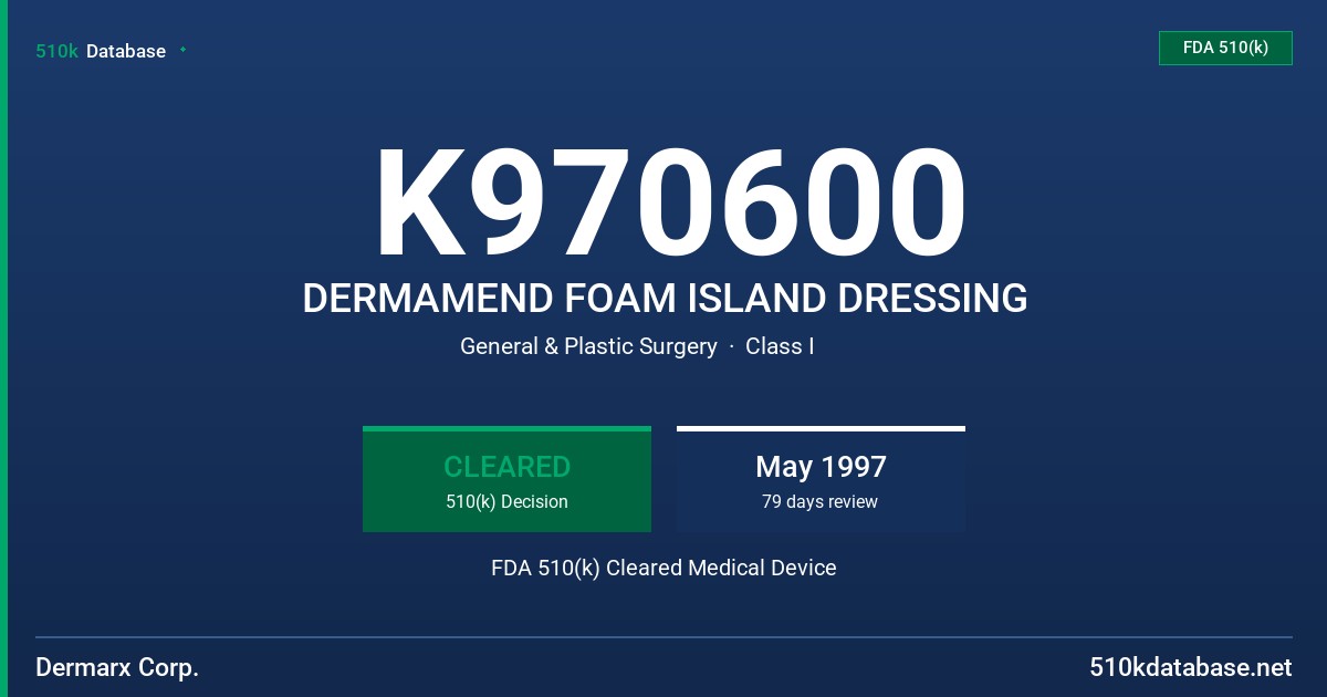 K970600 DERMAMEND FOAM ISLAND DRESSING FDA 510(k) Cleared Medical Device