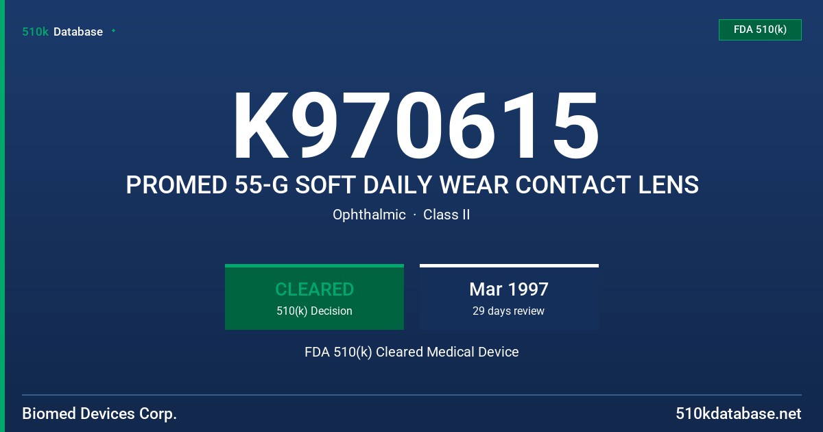K970615 PROMED 55-G SOFT DAILY WEAR CONTACT LENS FDA 510(k) Cleared Medical Device