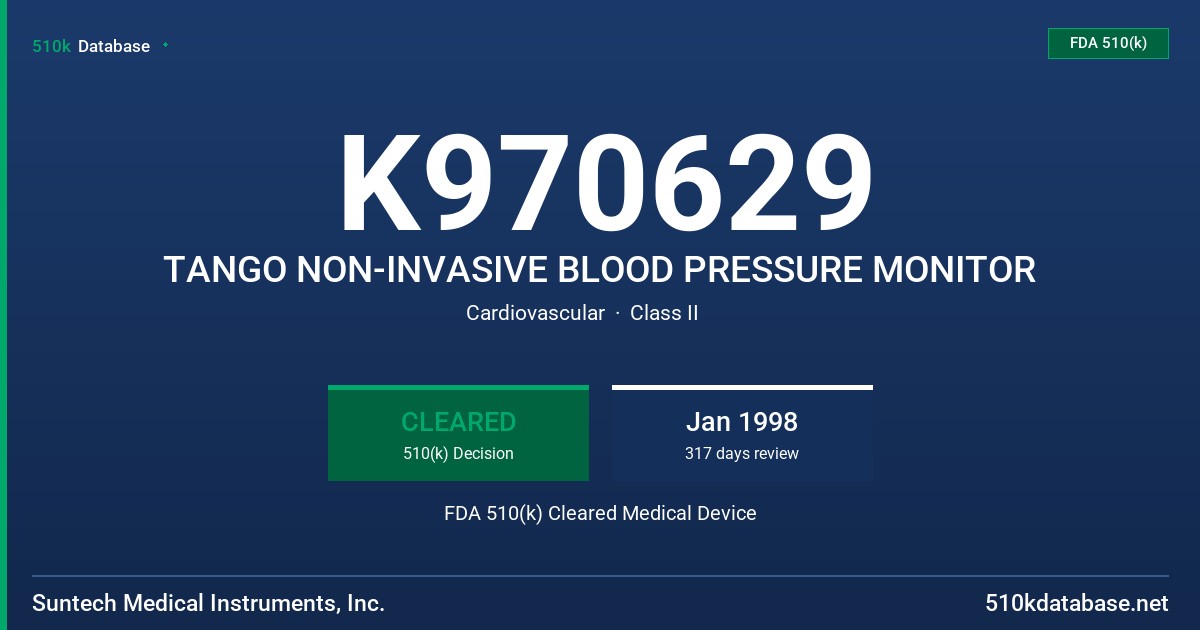 K970629 TANGO NON-INVASIVE BLOOD PRESSURE MONITOR FDA 510(k) Cleared Medical Device