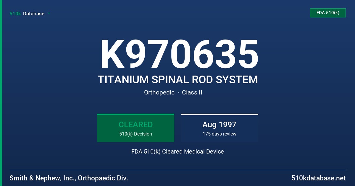K970635 TITANIUM SPINAL ROD SYSTEM FDA 510(k) Cleared Medical Device