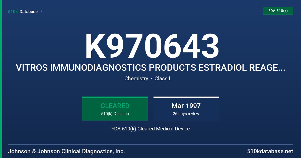 K970643 VITROS IMMUNODIAGNOSTICS PRODUCTS ESTRADIOL REAGENT PACK(GEM. 1050)/ESTRADIOL CALIBRATORS (GEM.C050) FDA 510(k) Cleared Medical Device
