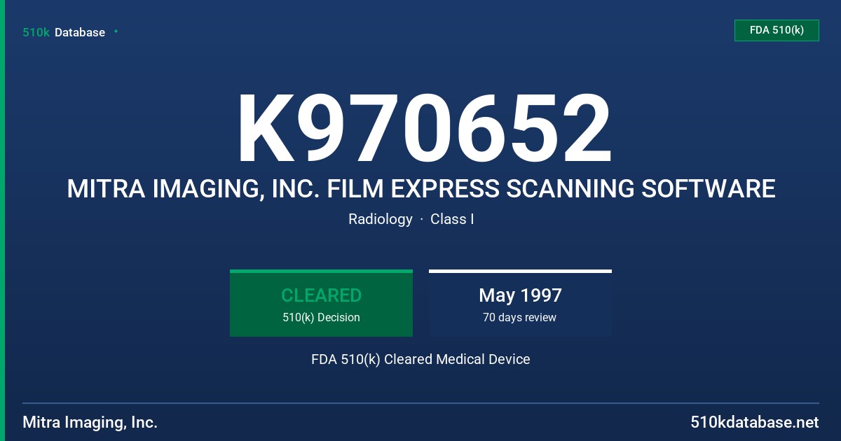 K970652 MITRA IMAGING, INC. FILM EXPRESS SCANNING SOFTWARE FDA 510(k) Cleared Medical Device