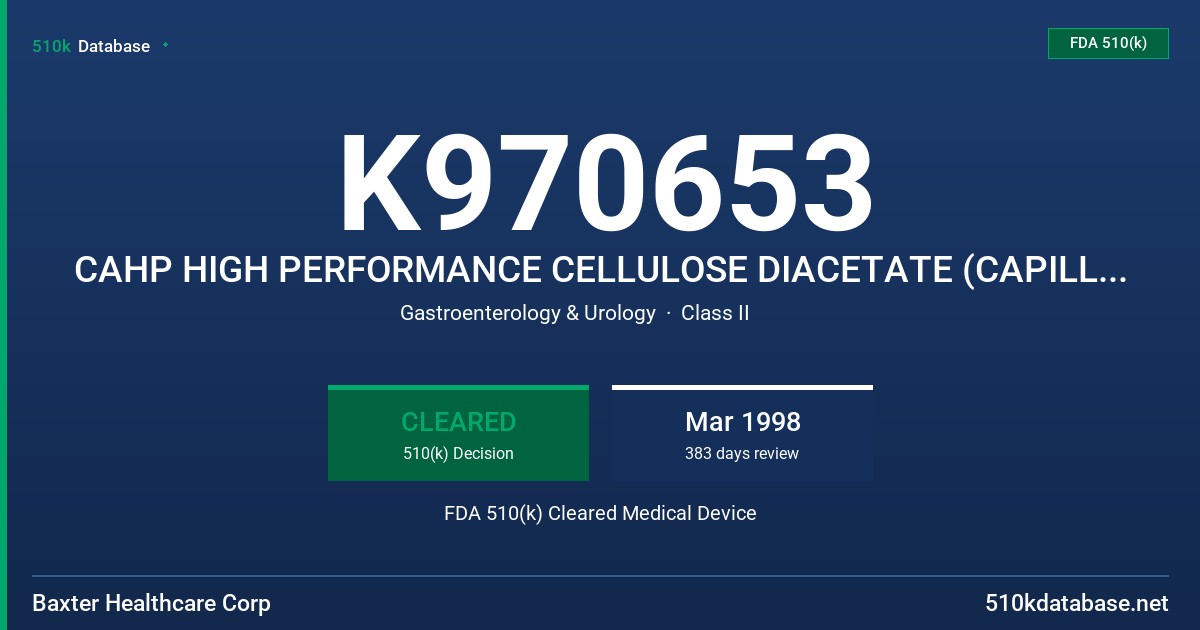 K970653 CAHP HIGH PERFORMANCE CELLULOSE DIACETATE (CAPILLARY, HOLLOW FIBER) FDA 510(k) Cleared Medical Device