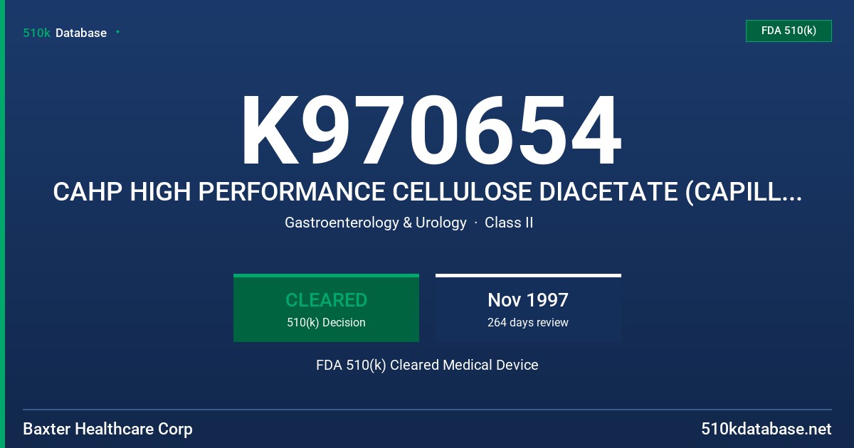 K970654 CAHP HIGH PERFORMANCE CELLULOSE DIACETATE (CAPILLARY, HOLLOW FIBER) FDA 510(k) Cleared Medical Device