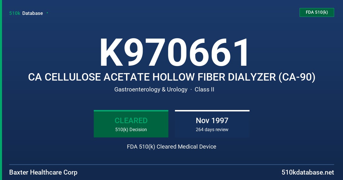 K970661 CA CELLULOSE ACETATE HOLLOW FIBER DIALYZER (CA-90) FDA 510(k) Cleared Medical Device