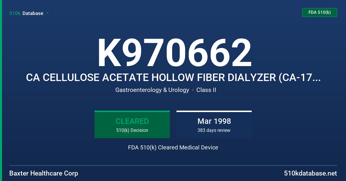 K970662 CA CELLULOSE ACETATE HOLLOW FIBER DIALYZER (CA-170/CA-210) FDA 510(k) Cleared Medical Device
