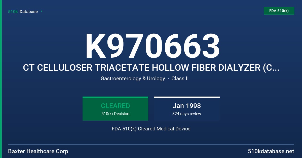 K970663 CT CELLULOSER TRIACETATE HOLLOW FIBER DIALYZER (CT-110G/CT-190G) FDA 510(k) Cleared Medical Device