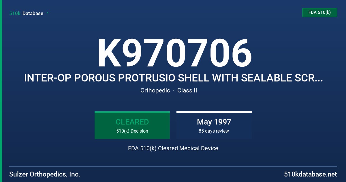 K970706 INTER-OP POROUS PROTRUSIO SHELL WITH SEALABLE SCREWHOLES FDA 510(k) Cleared Medical Device
