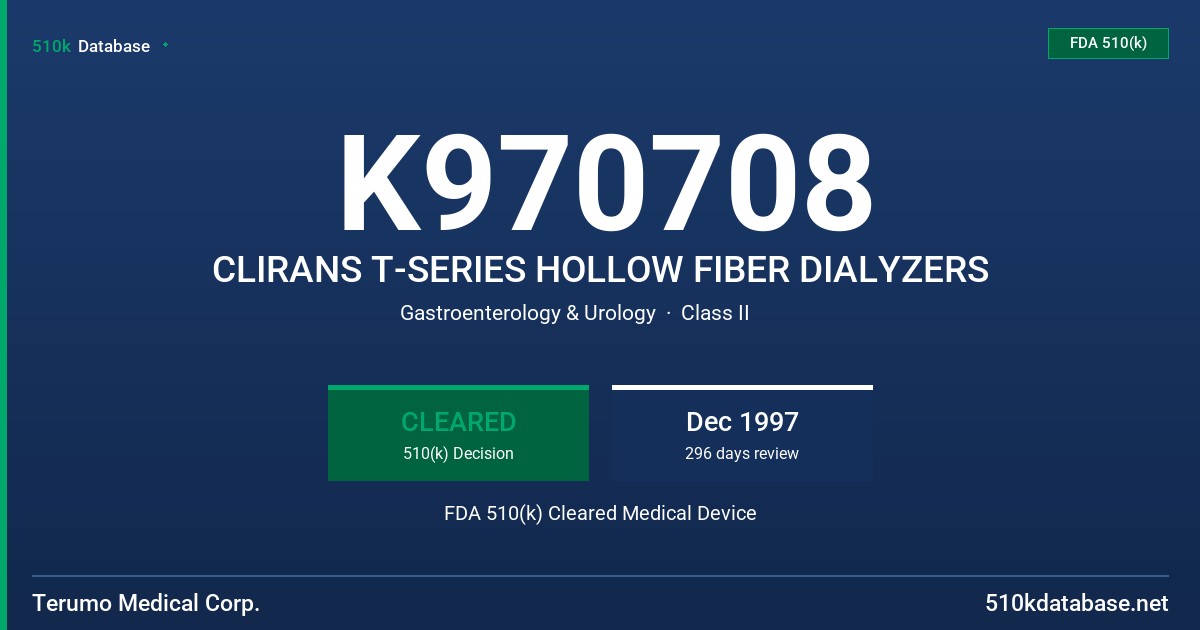 K970708 CLIRANS T-SERIES HOLLOW FIBER DIALYZERS FDA 510(k) Cleared Medical Device