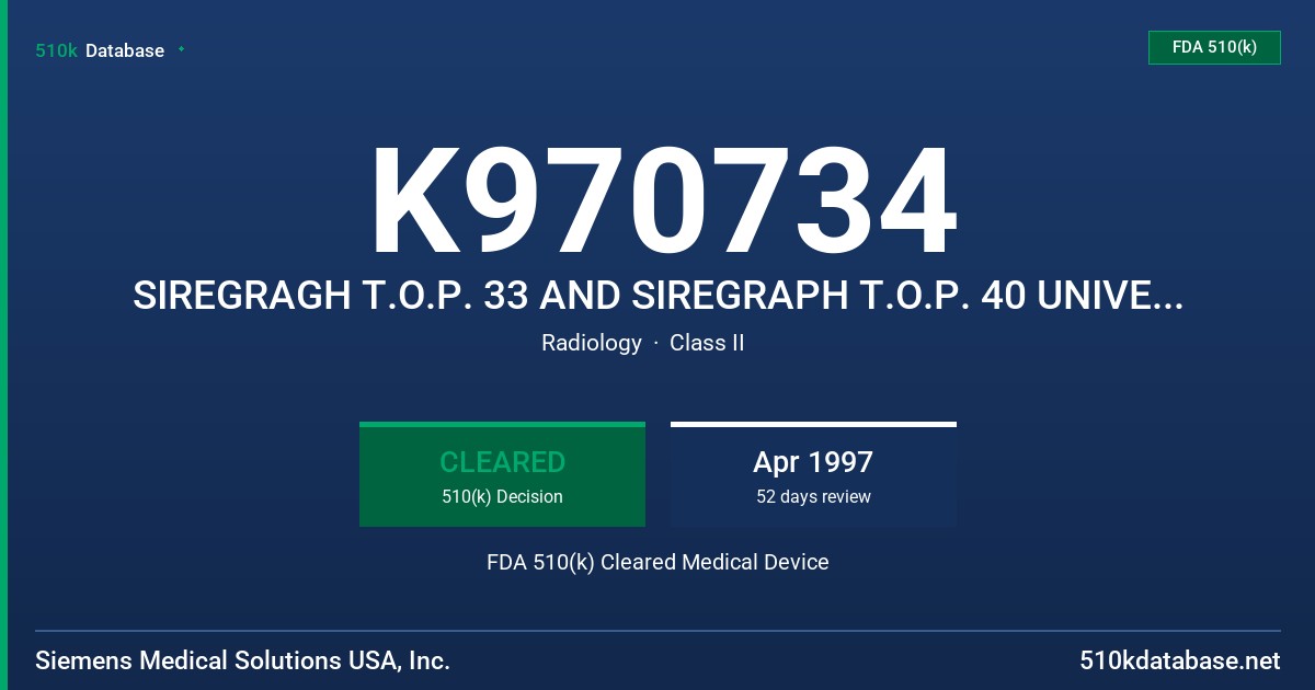 K970734 SIREGRAGH T.O.P. 33 AND SIREGRAPH T.O.P. 40 UNIVERSAL FLUOROSCOPIC X-RAY SYSTEMS FDA 510(k) Cleared Medical Device