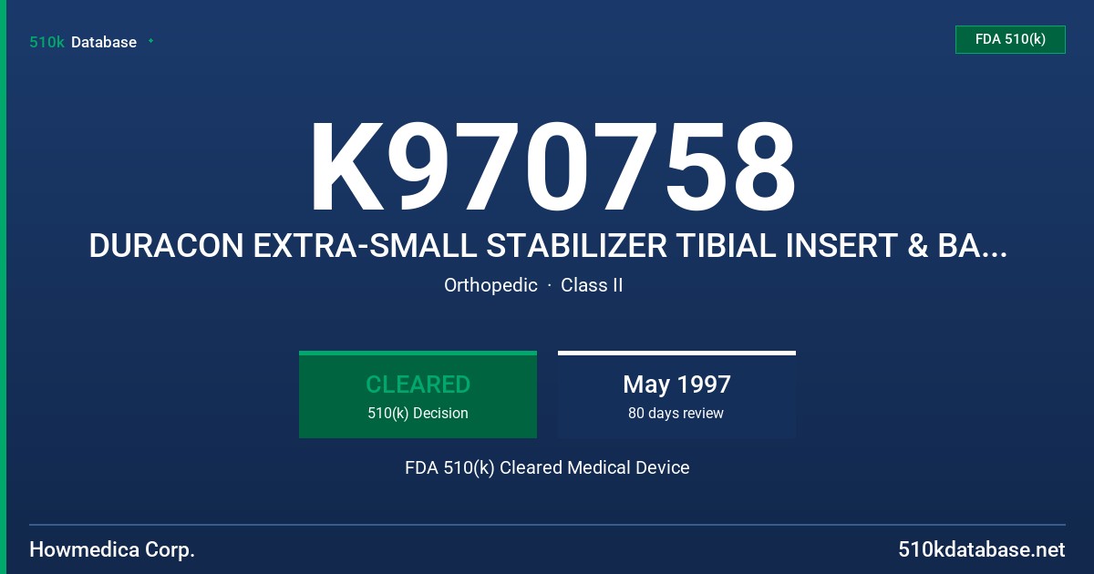 K970758 DURACON EXTRA-SMALL STABILIZER TIBIAL INSERT & BASEPLATE FDA 510(k) Cleared Medical Device