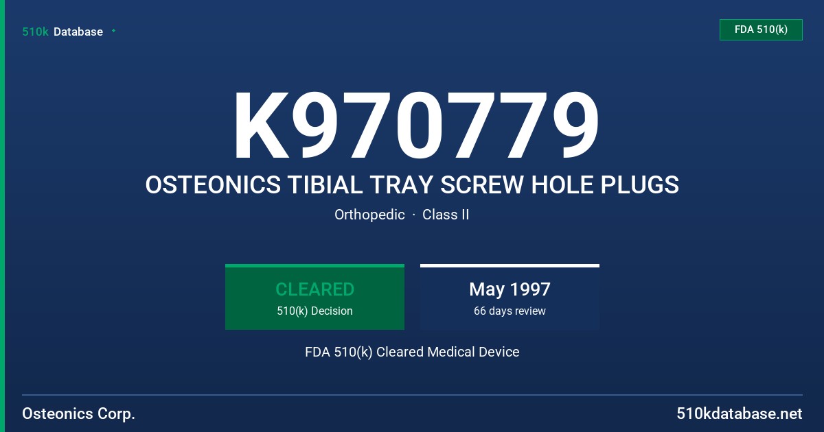 K970779 OSTEONICS TIBIAL TRAY SCREW HOLE PLUGS FDA 510(k) Cleared Medical Device
