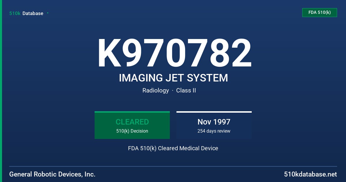 K970782 IMAGING JET SYSTEM FDA 510(k) Cleared Medical Device