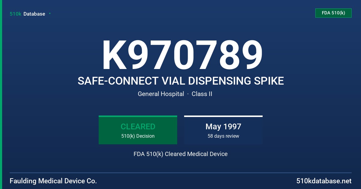 K970789 SAFE-CONNECT VIAL DISPENSING SPIKE FDA 510(k) Cleared Medical Device