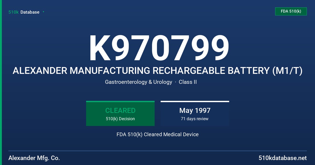 K970799 ALEXANDER MANUFACTURING RECHARGEABLE BATTERY (M1/T) FDA 510(k) Cleared Medical Device