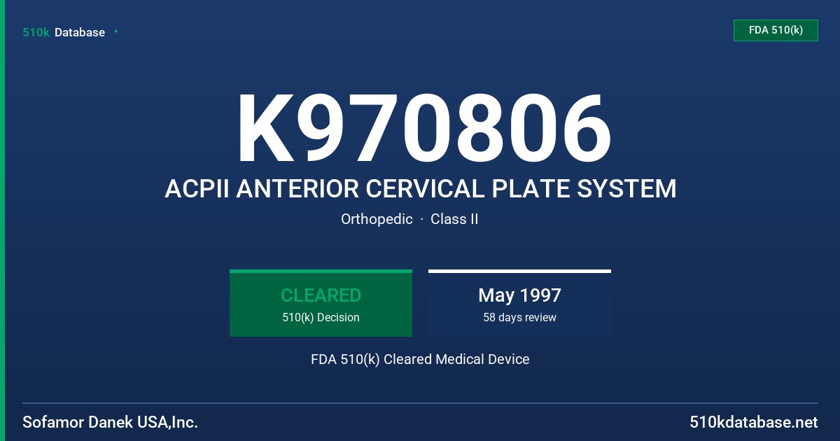 K970806 ACPII ANTERIOR CERVICAL PLATE SYSTEM FDA 510(k) Cleared Medical Device