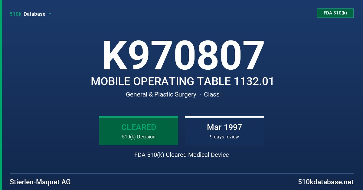 K970807 MOBILE OPERATING TABLE 1132.01 FDA 510(k) Cleared Medical Device