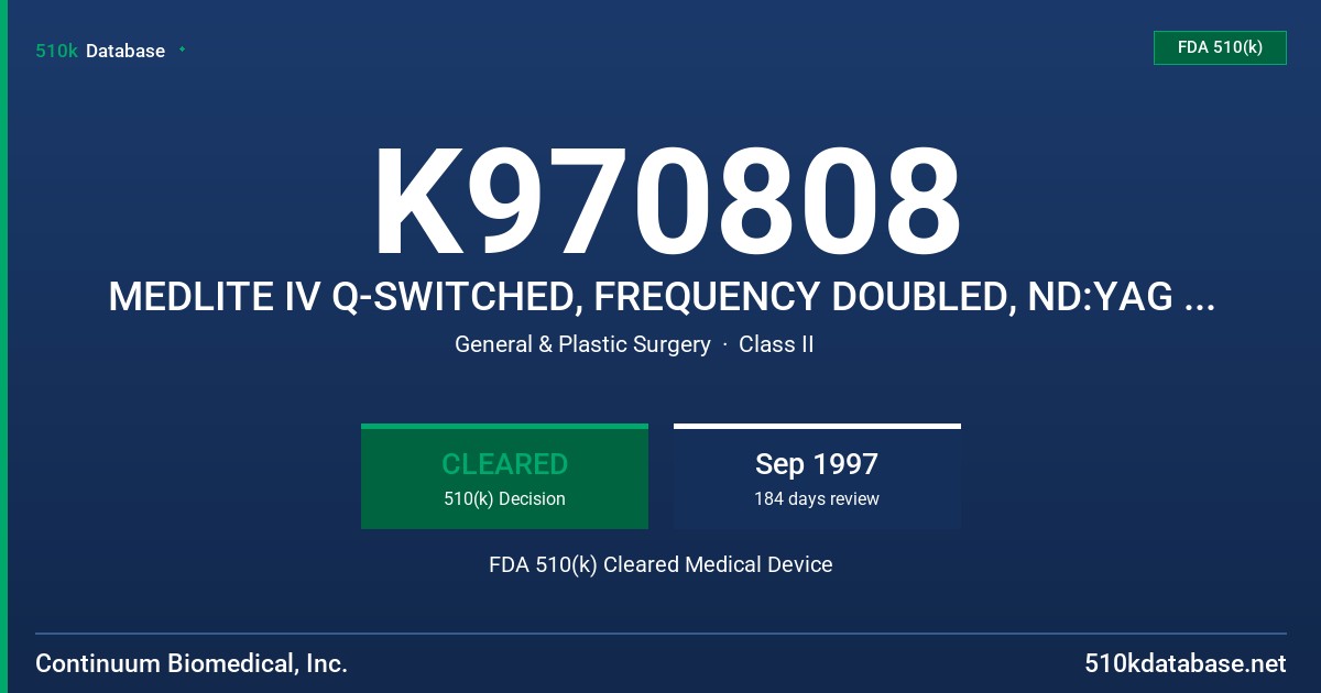 K970808 MEDLITE IV Q-SWITCHED, FREQUENCY DOUBLED, ND:YAG LASER FDA 510(k) Cleared Medical Device