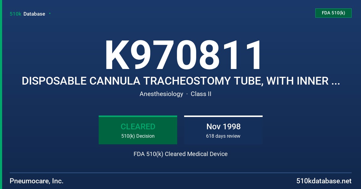 K970811 DISPOSABLE CANNULA TRACHEOSTOMY TUBE, WITH INNER CANNULA FDA 510(k) Cleared Medical Device
