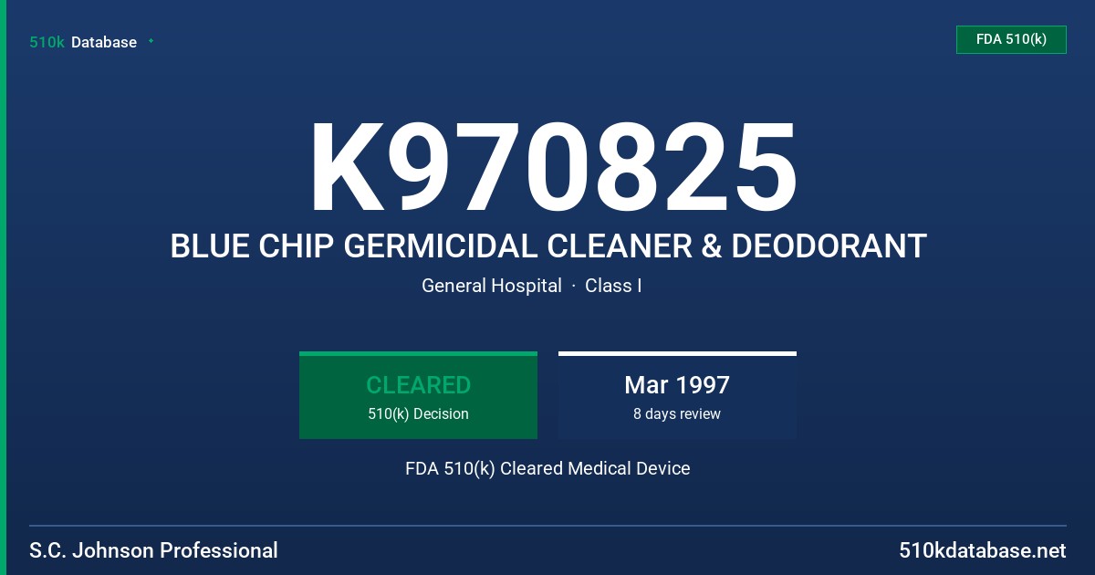 K970825 BLUE CHIP GERMICIDAL CLEANER & DEODORANT FDA 510(k) Cleared Medical Device