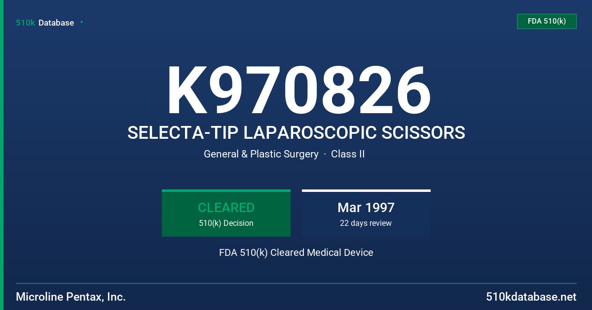 K970826 SELECTA-TIP LAPAROSCOPIC SCISSORS FDA 510(k) Cleared Medical Device