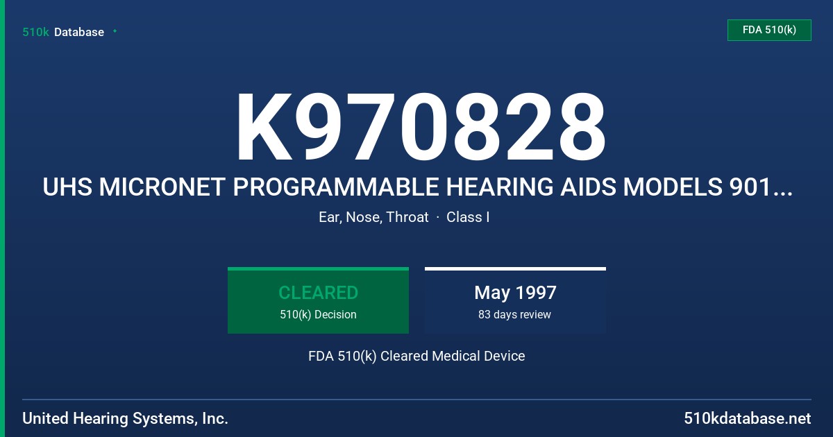 K970828 UHS MICRONET PROGRAMMABLE HEARING AIDS MODELS 901,902,903,906,909/PROGRAMMER FDA 510(k) Cleared Medical Device