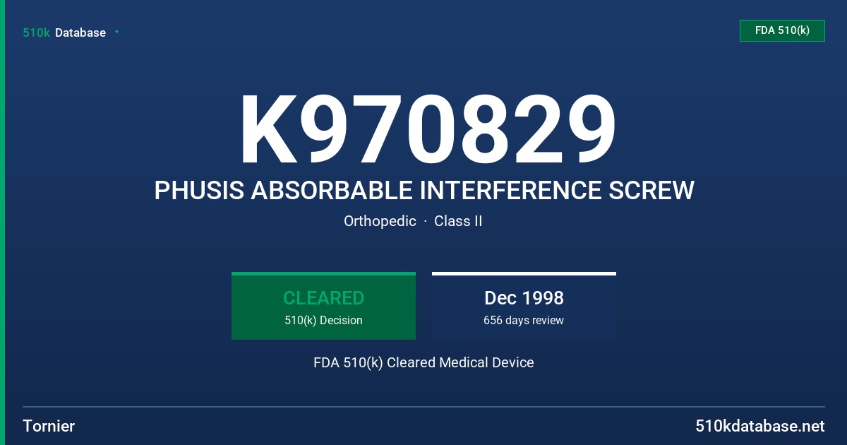 K970829 PHUSIS ABSORBABLE INTERFERENCE SCREW FDA 510(k) Cleared Medical Device