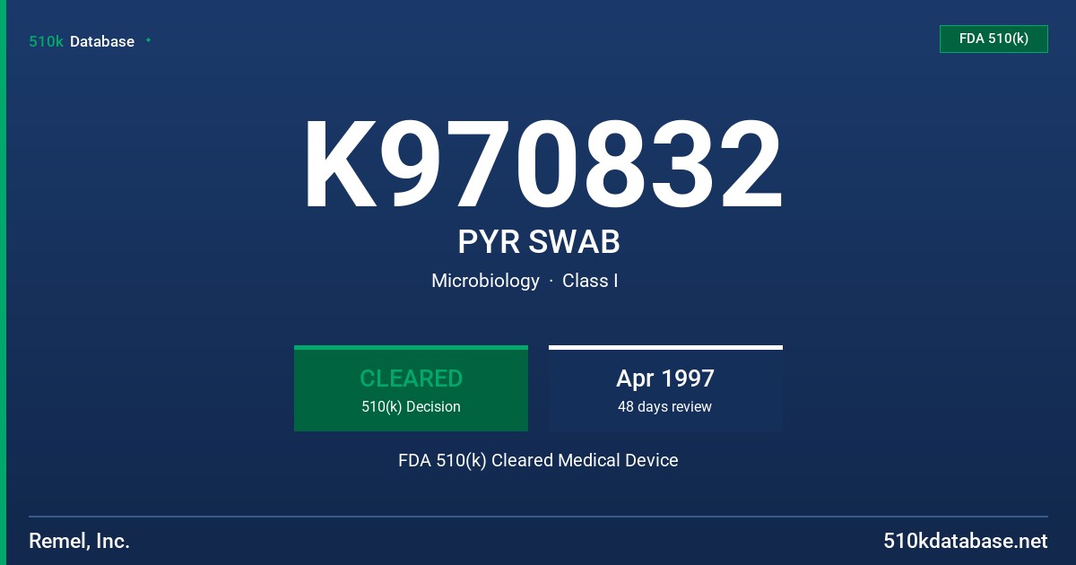 K970832 PYR SWAB FDA 510(k) Cleared Medical Device
