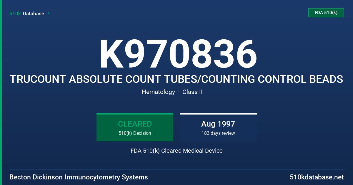 K970836 TRUCOUNT ABSOLUTE COUNT TUBES/COUNTING CONTROL BEADS FDA 510(k) Cleared Medical Device