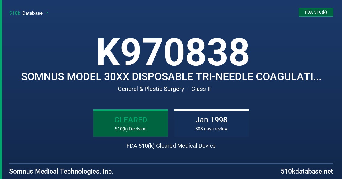 K970838 SOMNUS MODEL 30XX DISPOSABLE TRI-NEEDLE COAGULATING ELECTRODE FDA 510(k) Cleared Medical Device