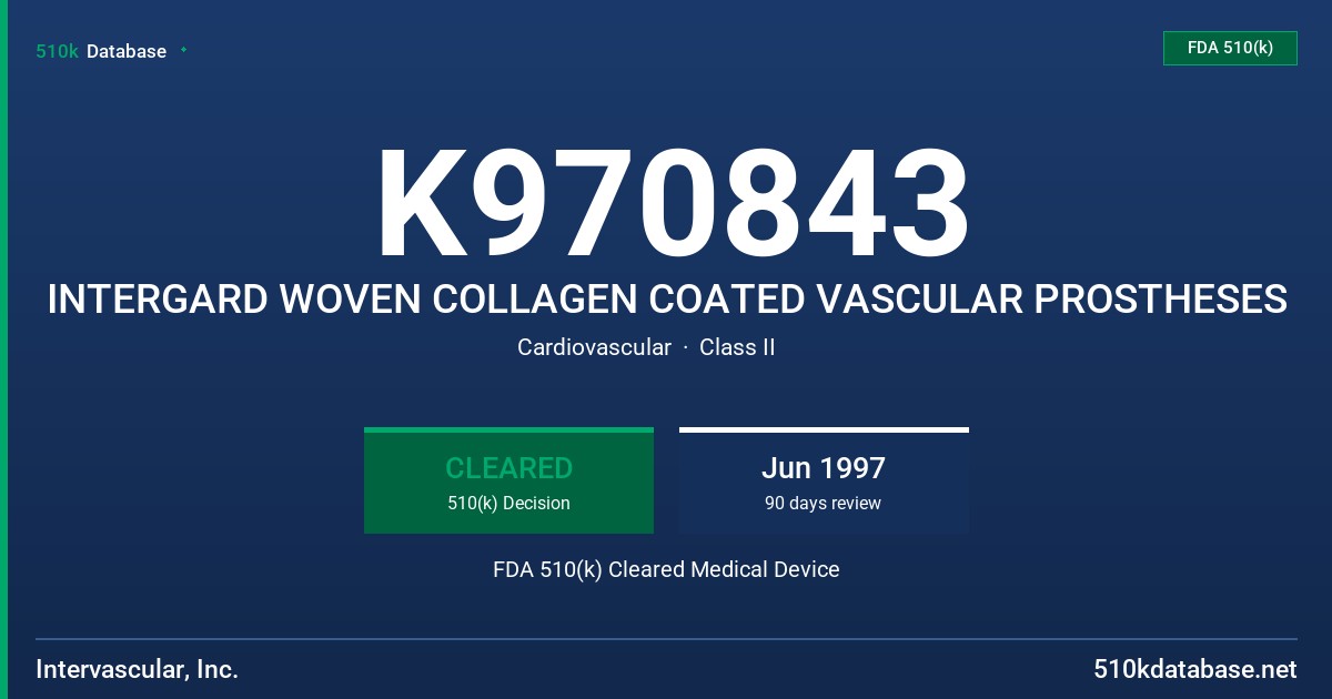 K970843 INTERGARD WOVEN COLLAGEN COATED VASCULAR PROSTHESES FDA 510(k) Cleared Medical Device