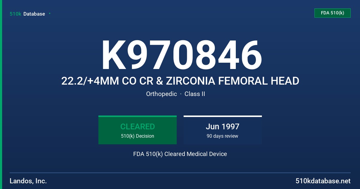 K970846 22.2/+4MM CO CR & ZIRCONIA FEMORAL HEAD FDA 510(k) Cleared Medical Device