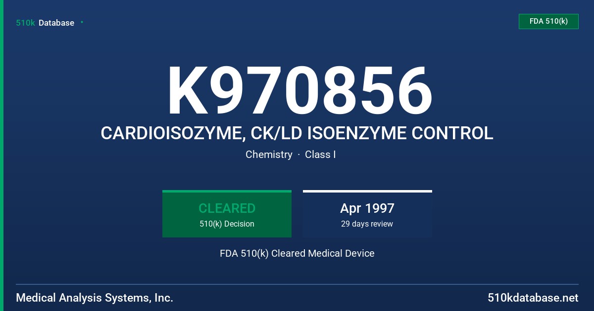 K970856 CARDIOISOZYME, CK/LD ISOENZYME CONTROL FDA 510(k) Cleared Medical Device