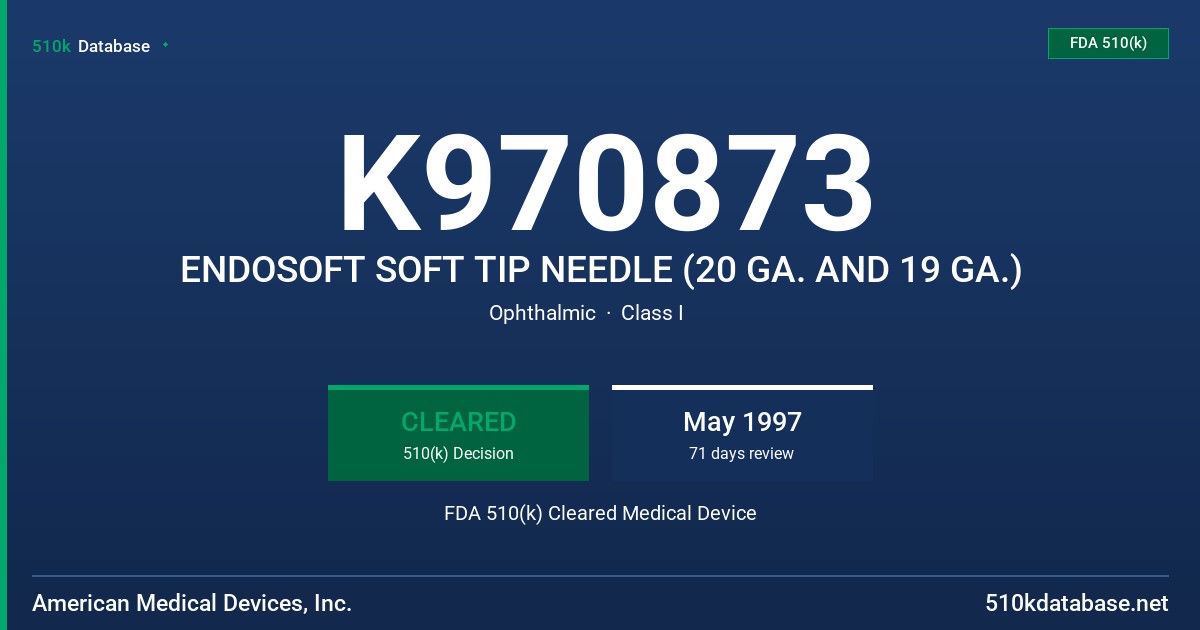 K970873 ENDOSOFT SOFT TIP NEEDLE (20 GA. AND 19 GA.) FDA 510(k) Cleared Medical Device