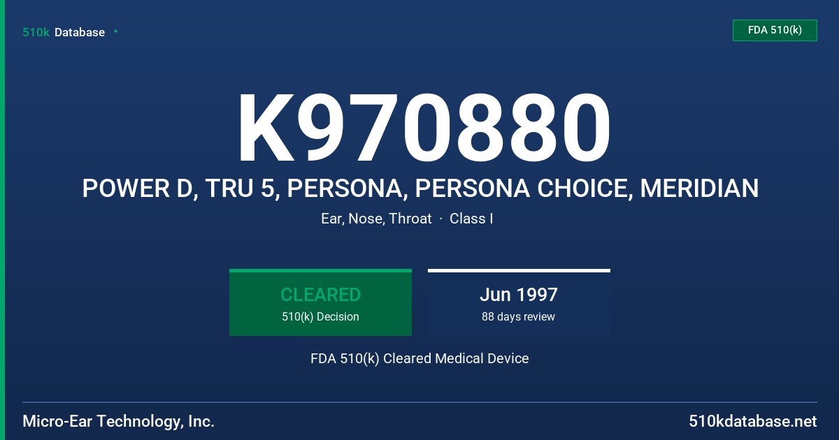K970880 POWER D, TRU 5, PERSONA, PERSONA CHOICE, MERIDIAN FDA 510(k) Cleared Medical Device