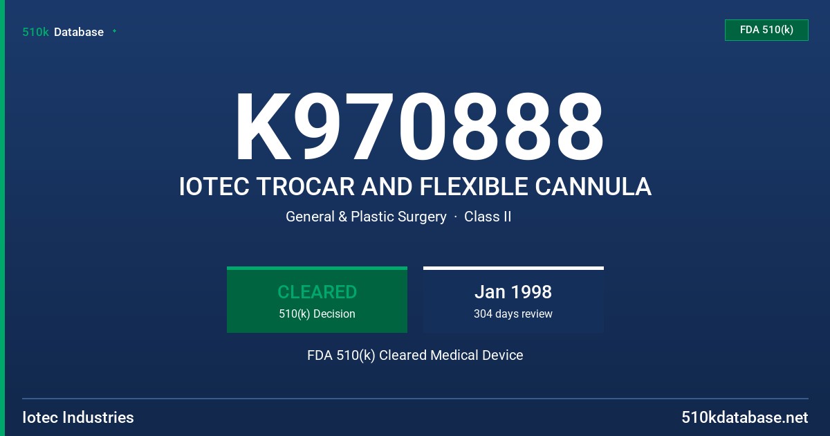 K970888 IOTEC TROCAR AND FLEXIBLE CANNULA FDA 510(k) Cleared Medical Device