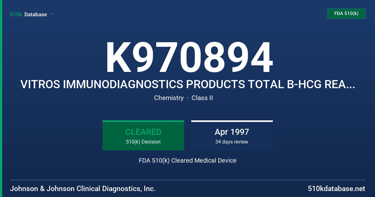 K970894 VITROS IMMUNODIAGNOSTICS PRODUCTS TOTAL B-HCG REAGENT PACK (GEM.1075), TOTAL B-HCG CALIBRATORS (GEM.C075) FDA 510(k) Cleared Medical Device