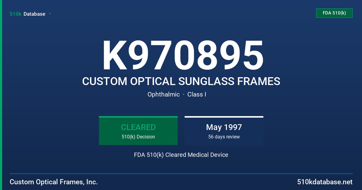 K970895 CUSTOM OPTICAL SUNGLASS FRAMES FDA 510(k) Cleared Medical Device