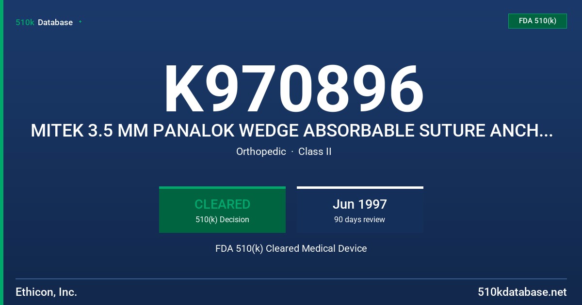 K970896 MITEK 3.5 MM PANALOK WEDGE ABSORBABLE SUTURE ANCHOR SYSTEM FDA 510(k) Cleared Medical Device