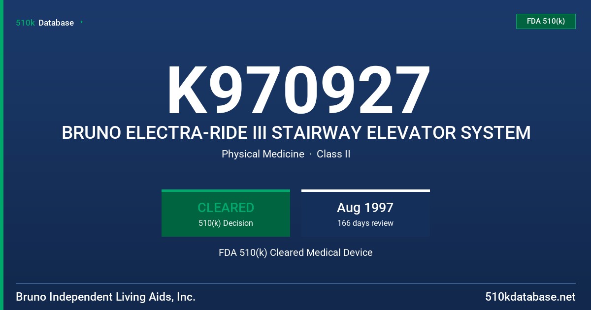 K970927 BRUNO ELECTRA-RIDE III STAIRWAY ELEVATOR SYSTEM FDA 510(k) Cleared Medical Device