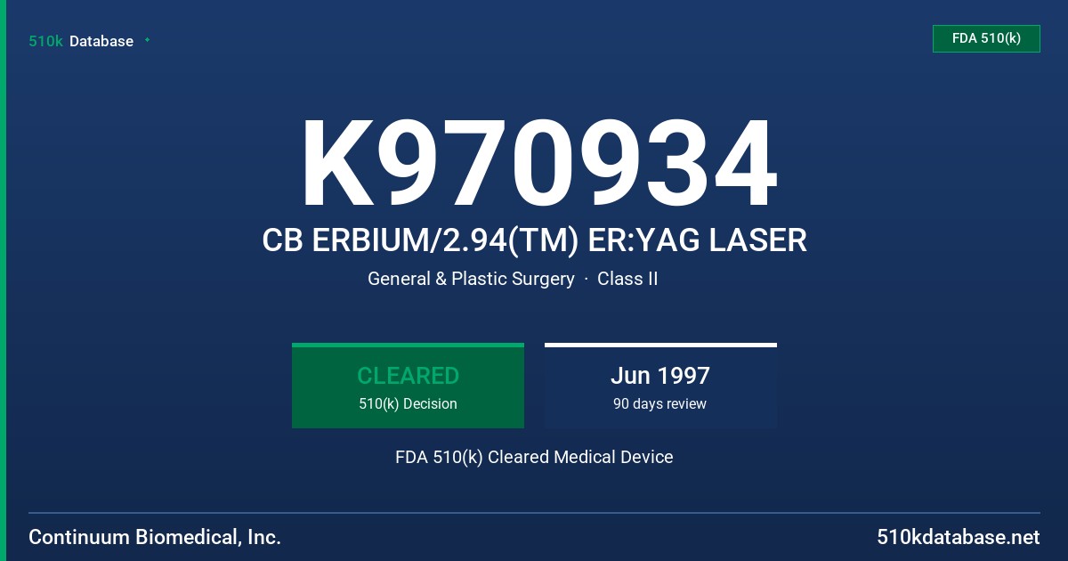 K970934 CB ERBIUM/2.94(TM) ER:YAG LASER FDA 510(k) Cleared Medical Device