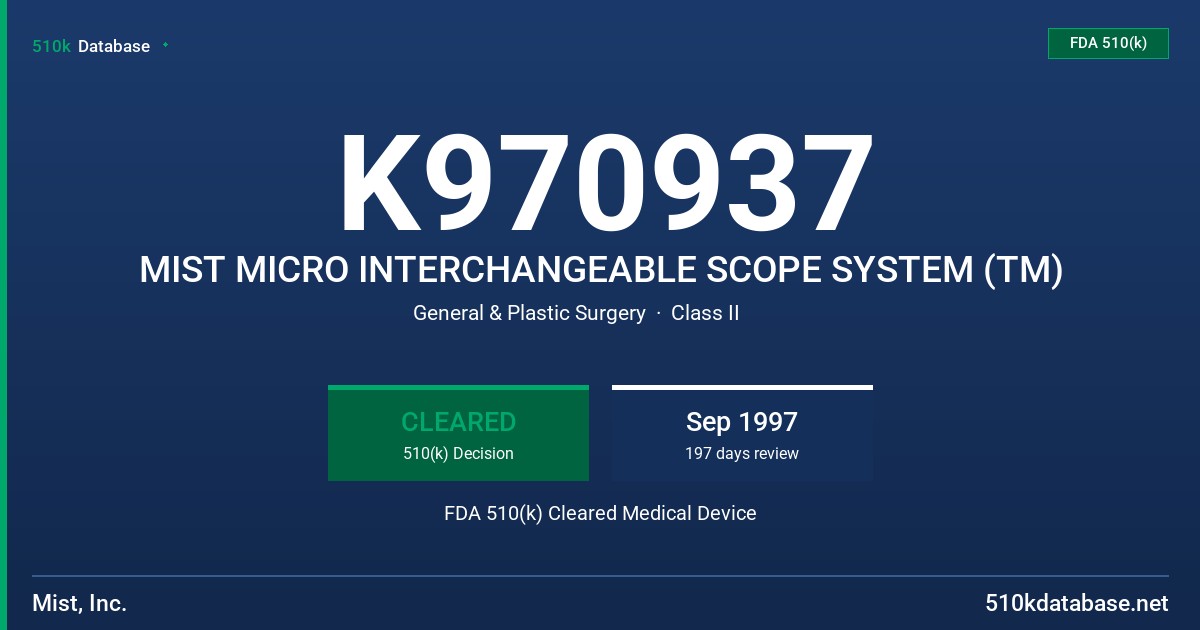 K970937 MIST MICRO INTERCHANGEABLE SCOPE SYSTEM (TM) FDA 510(k) Cleared Medical Device